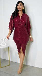 Maryla Front Twist Sequin Midi Dress - Burgundy